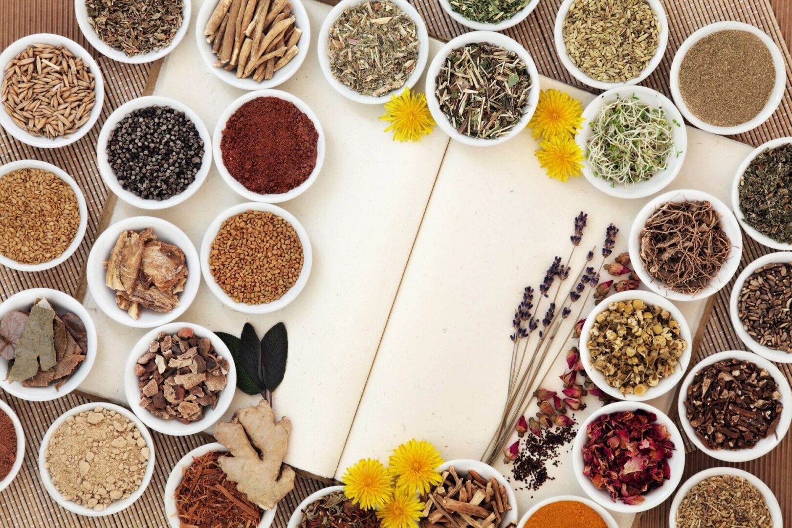 A table topped with lots of different types of herbs.