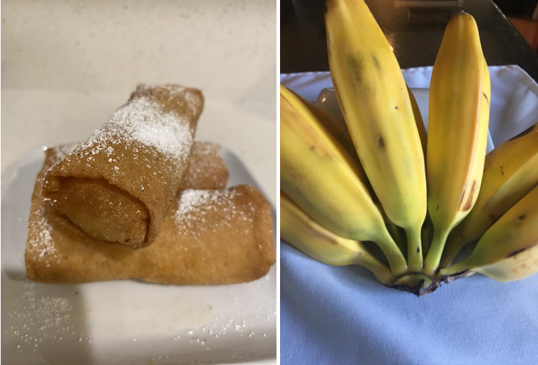 Left: two crepes dusted with powdered sugar on a plate. right: a bunch of yellow bananas arranged and viewed from the top.